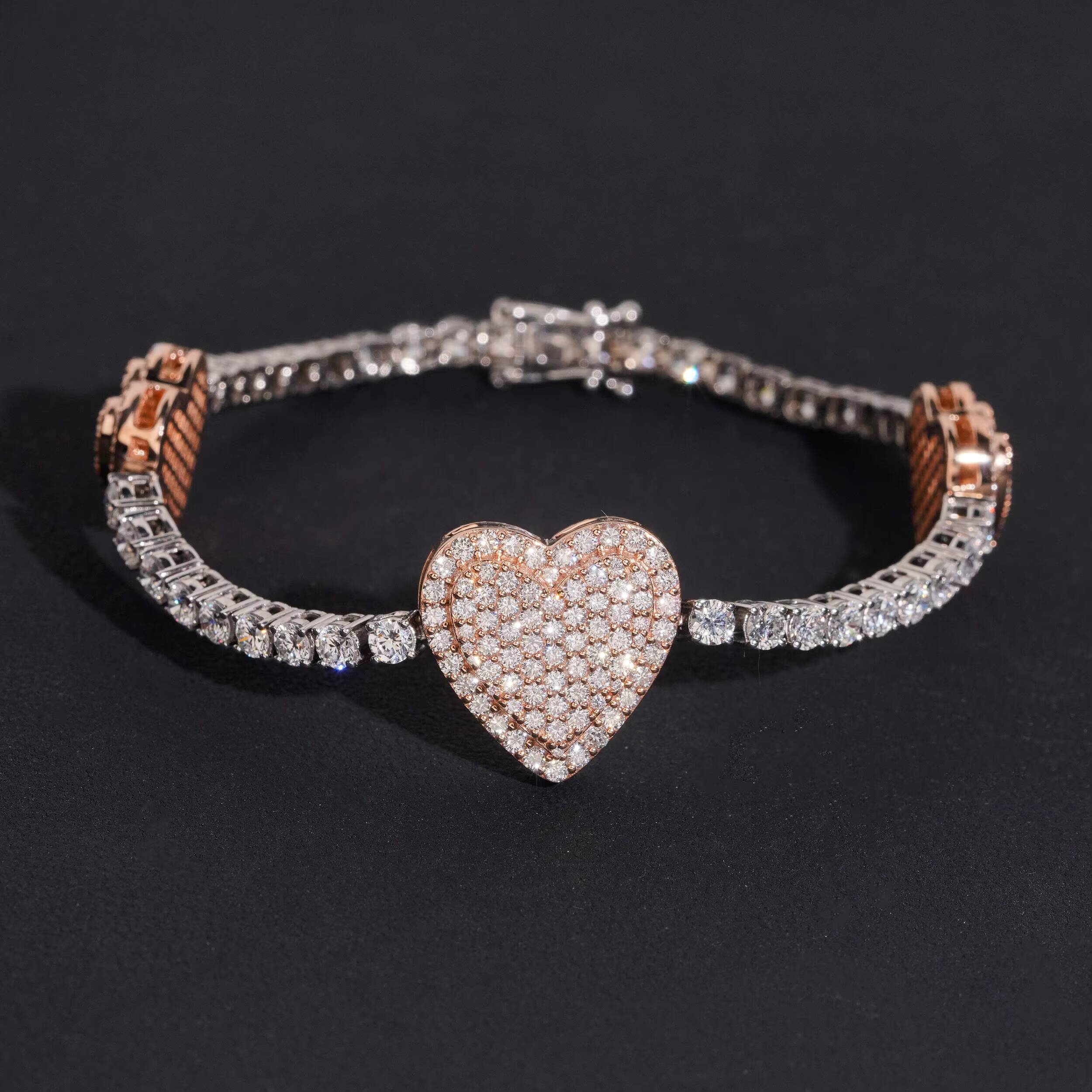 VVS Moissanite Diamond 10K Solid Rose Gold Mix White Gold Heart Charm Tennis Bracelet