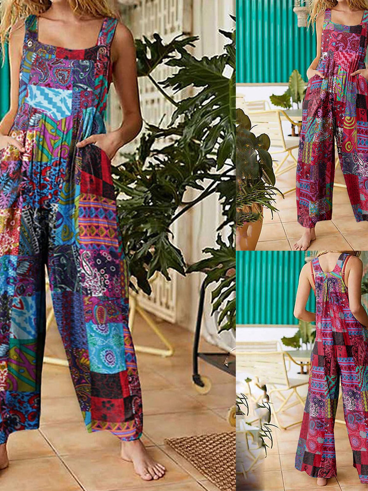 Patchwork Printed Jumpsuit Suspenders Patchwork Printed Overalls231123