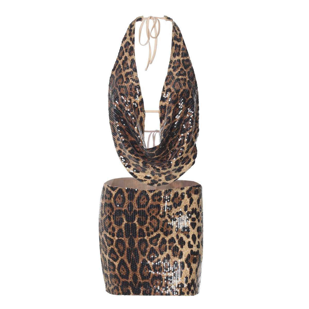 Women's Fall New Arrival Trendy Street Style Leopard Print Low-Cut Sequin Bodycon Dress Set