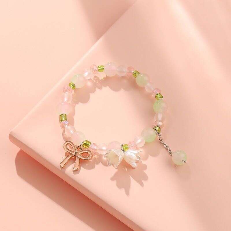Jewellery Bracelet Textured Flower Shaped Metal Bow Knot with Pink Opal and Green Beads for Daily Wear Sweet Fashion Gift High Quality