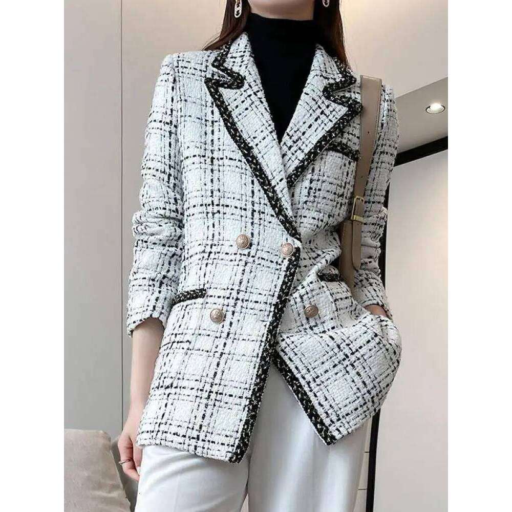 Mardi Hefxessdr New Autumn Winter Vintage Elegant Festival Double Breasted Suit Jacket Women s Long Sleeve Tweed Plaid Patchwork Blazer Y k