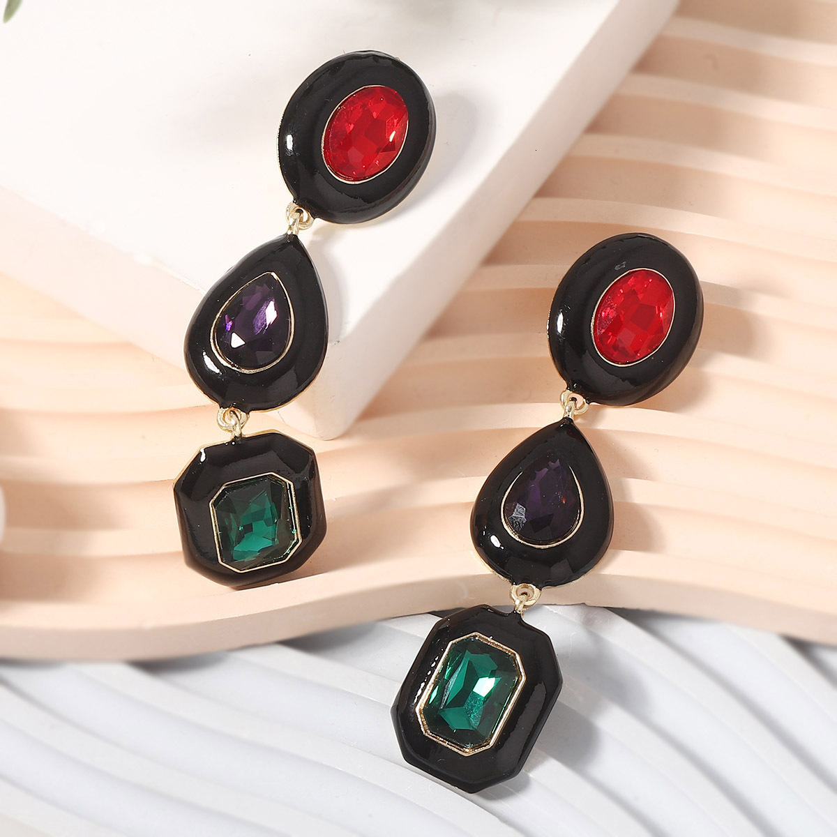 Retro Fashion Oil Enamel Personality Ethnic Style Long Geometric Water Drop Niche Design Diamond-Studded Earrings