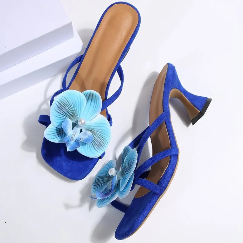 Sandals and Slippers Square Toe Open Toe Slim Strap Square Heel Flip-Flops for Women Flower Embellished Toe High Heel 260104