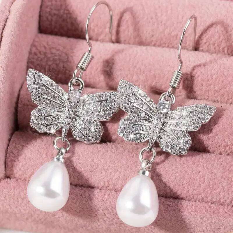 Pearl Butterfly Earrings Bright AAA Cubic Zirconia Wedding Jewelry Gifts