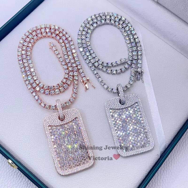 White Gold Rose Gold Hip Hop Iced Out VVS Moissanite Diamond Baguette Dog Tag Pendant