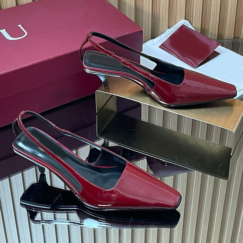 Women slingback with crystal logo designer new sandal thin rectangular toe leather sole kitten heel sandal right heel metal plate printed with crystal sign sandal