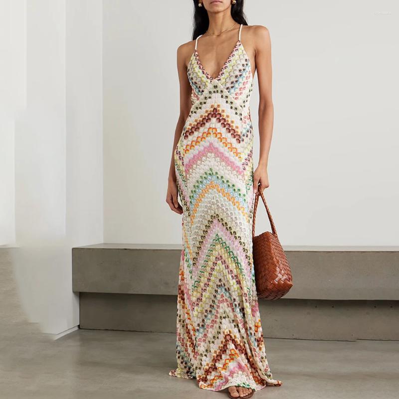 Women Beach Wear Sexy Backles Hit Color Chic Long Dresses Strapless Sleeveless Backless High Waist Elegant Spring Dress