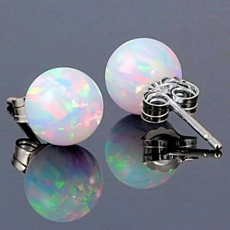 2021 New Ball Created White Fire Opal For Women 925 Silver Needle Stud Earrings Wholesale Jewelry