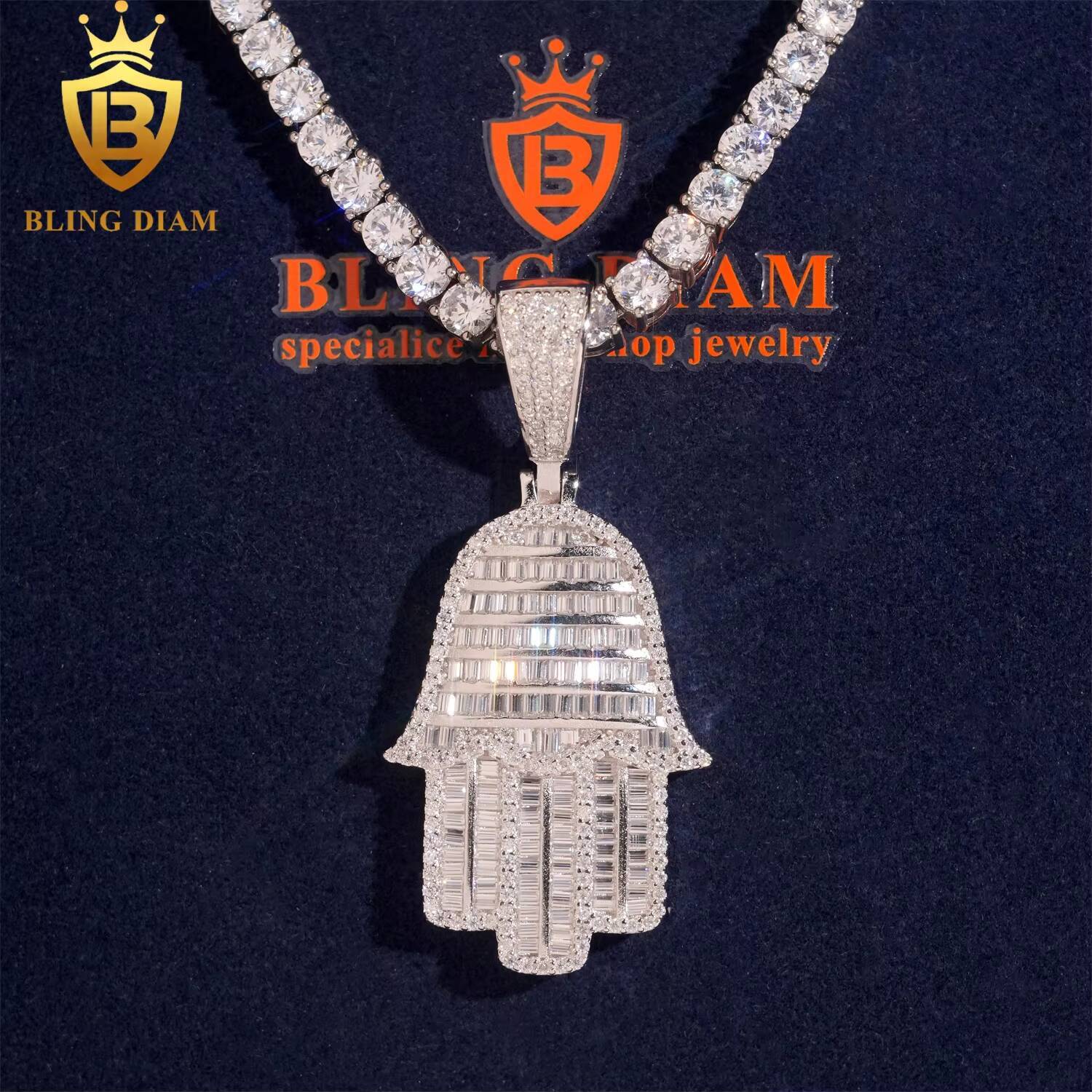 Hamsa Hand Pendant Necklace Charm Hip Hop Jewelry Vvs Moissanite 925 Sterling Silver Gra Certificated