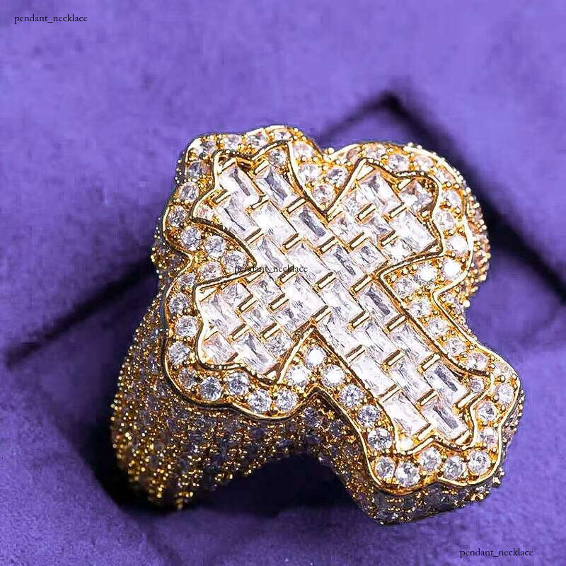 Graffiti Hip-Hop Iced Out 925 Sterling Silver Full Diamond Tester VVS Moissanite Hibiscus French Long Stick Cross Ring