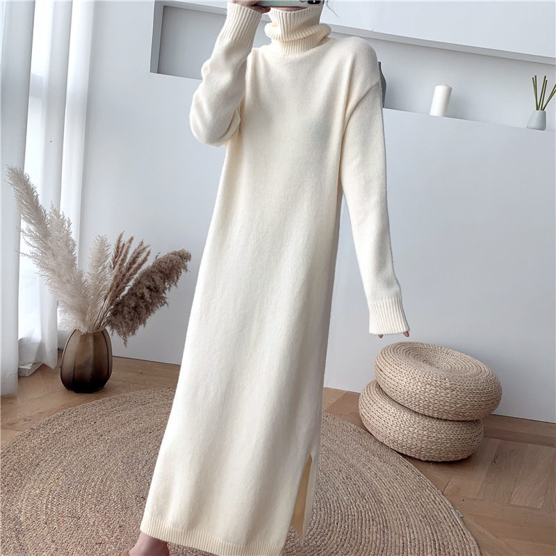 REALEFT Autumn Winter Loose Turtleneck Straight Women Sweater Dresses Long Sleeve Warm Knitted Chic Long Dresses Female 240729