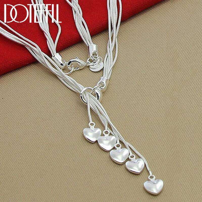 DOTEFFIL 925 Sterling Silver Five Snake Chain Hearts Necklace For Women Wedding Engagement Fashion Jewelry