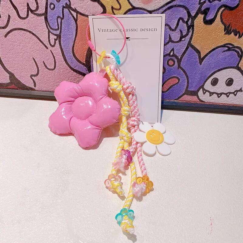 Handmade Macaron Big Flower Keychain Sweet Pendant Nylon Braided Rope Fashionable Charm Colorful Bag Pendants XJ260106