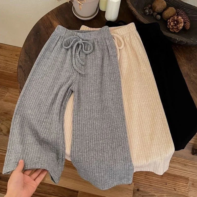 Children Elastic Wide Leg Pant Autumn Solid Color Casual Pants Simple Versatile Baby Trousers High Waist Straight Sweatpants 260104