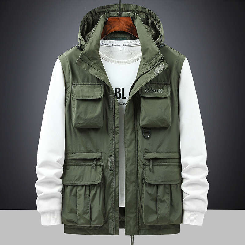 Plus Size Mens Windproof Casual Outer Shell Coat Easy Remove Sleeves for Versatility, Features Large Storage Compartments