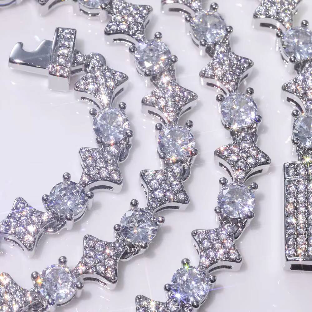 NUOYA Hiphop Custom Star Shape Round Cut Shiny VVS Moissanite Chain 6mm 925 Sterling Silver Tennis Chain Womens Fine Jewelry