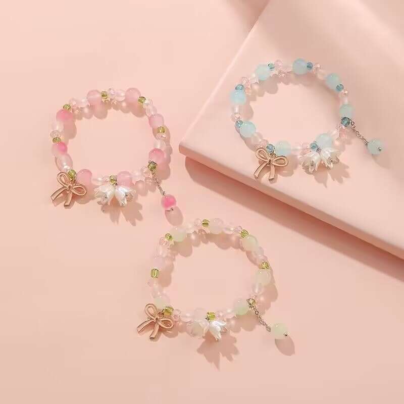 Jewellery Bracelet Textured Flower Shaped Metal Bow Knot with Pink Opal and Green Beads for Daily Wear Sweet Fashion Gift High Quality