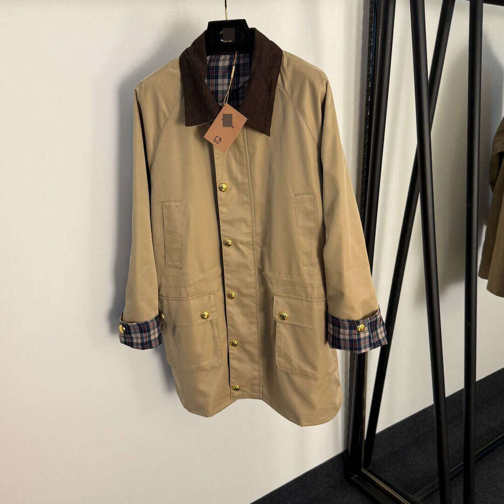 Designer 2025 New Back Logo Embroidered Letter Workwear Style Corduroy Turn-Down Collar Long Sleeve Trench Coat With Plaid Lining 0fbf