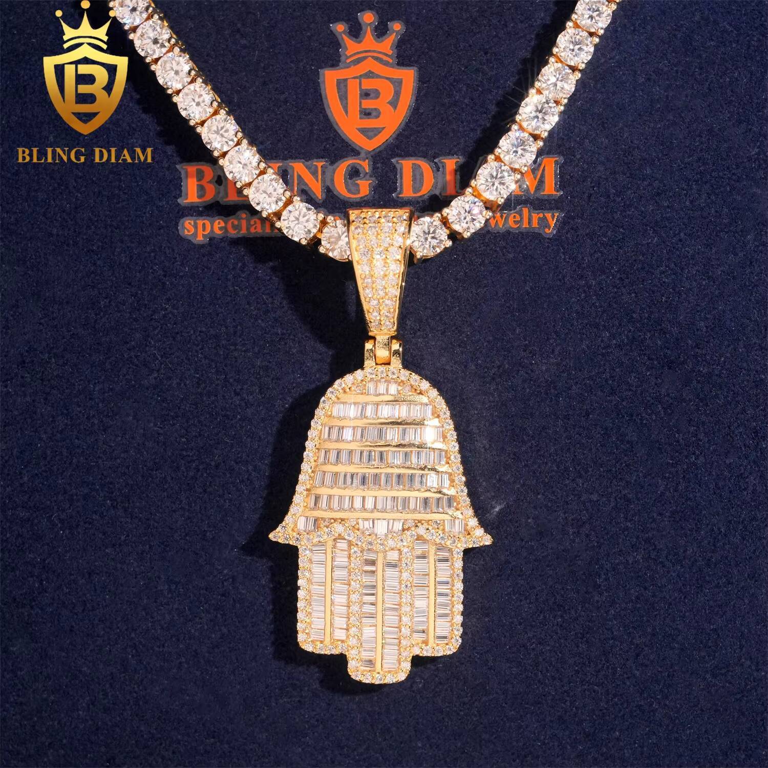 Hamsa Hand Pendant Necklace Charm Hip Hop Jewelry Vvs Moissanite 925 Sterling Silver Gra Certificated