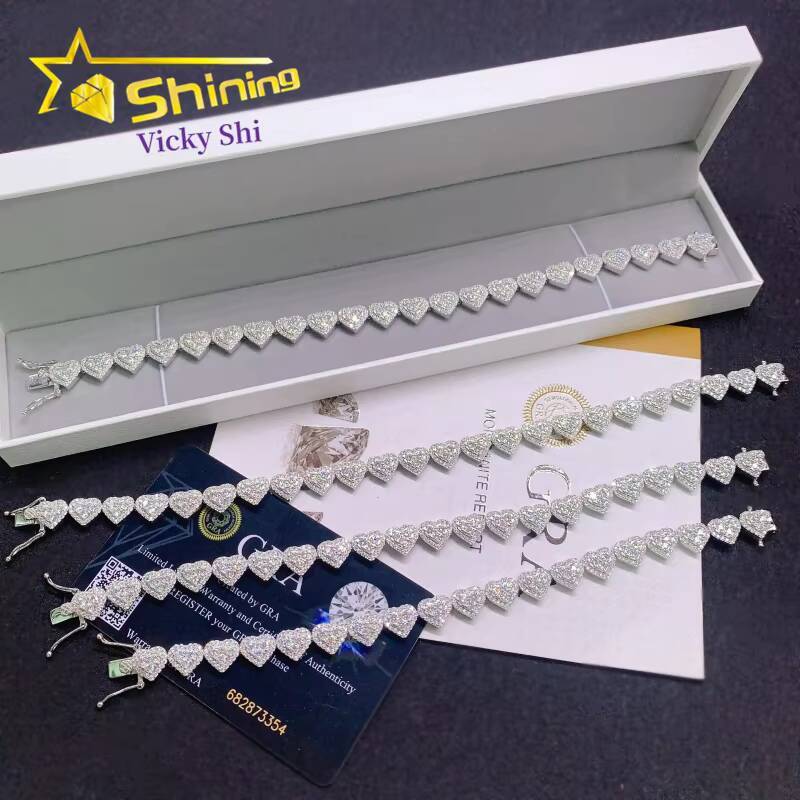 Bracelet moissanite Hi Hop 925 Silver Heart Shape Moissanite Bracelet Custom Iced Out GRA Certified Cuban Bracelets Necklace chain