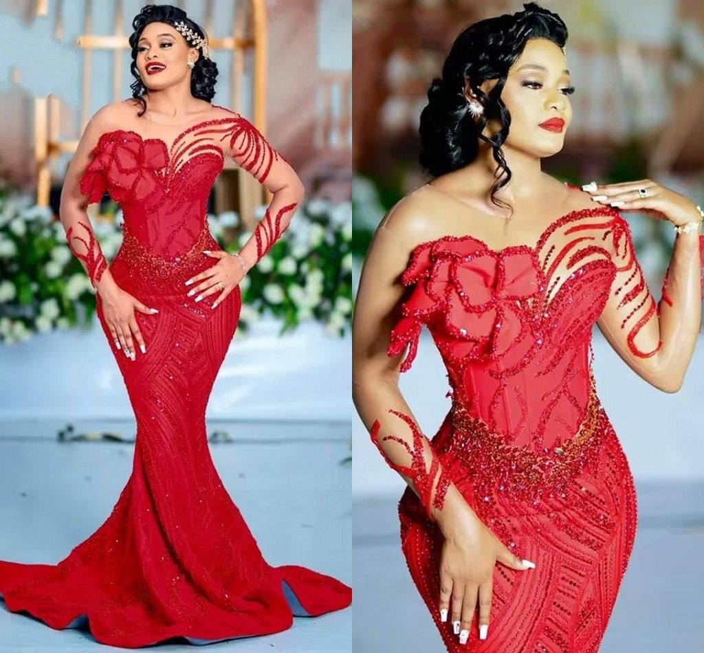 Red Hand Flowers Sequins Beaded Evening Dresses Sheer Neck Illusion Long Sleeves Mermaid Second Reception Engagement Gowns Plus Size Long Formal Wear