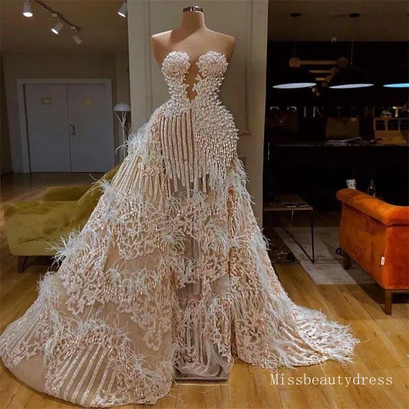 Splendid Evening Dress With Detachable Train Sweetheart Major Beading Feather Appliqued Sequins Formal Party Gowns Custom Made Prom Dresses