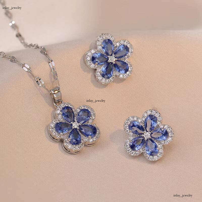 VVS Moissanite Light Luxury fashion Jewelry 2023 Flower Blue Crystal Earrings Sterling Silver Chain Necklace Set for Women