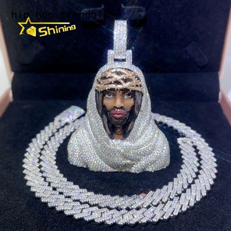 3 Tall Buss Down Rapper Jewelry Sterling Silver White Gold Iced Out Jesus Moissanite Pendant Enamel