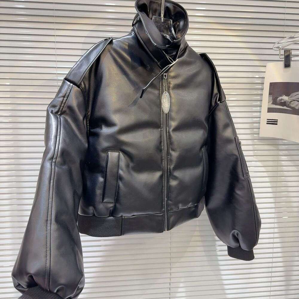 2026 Winter New Trendy Street Style Stand Collar Buckle Strap PU Leather Fabric Hot Girl Down Jacket Coat WKERSIY