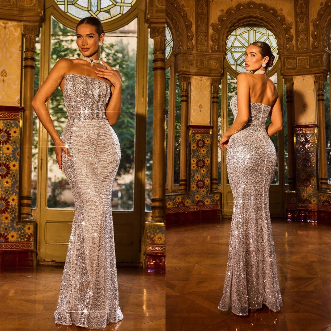 Gorgeous Evening Dresses Mermaid Strapless Crystals Beading Sleeveless Prom Dresses Backless Celebrity Party Gown Customized Vestidos de noche