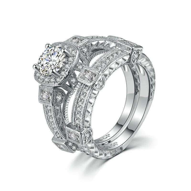2 Pcs Solid 925 sterling SIlver Women's Wedding Ring Sets Luxury Crystal Zircon Classic Bridal Jewelry For Women