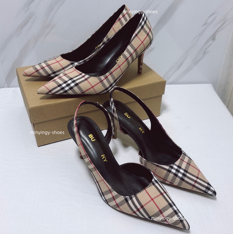 British designer pointed-toe side-swinging horseshoe-shaped buckle high heels checked fabric fashionable sexy stylish high heels luxurious formal shoes size 34-42