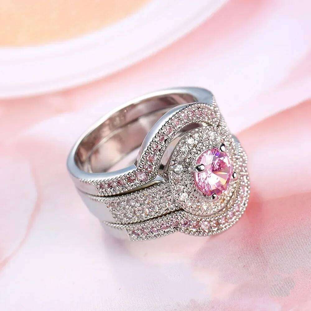 3pcs Round Shape Ring Sets Princess Cut CZ For Women Pave AAA Pink Zircon Stone Wedding 925 Sterling Silver Jewelry Plata