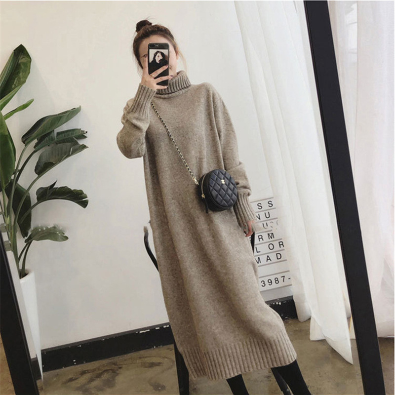REALEFT Autumn Winter Loose Turtleneck Straight Women Sweater Dresses Long Sleeve Warm Knitted Chic Long Dresses Female 240729