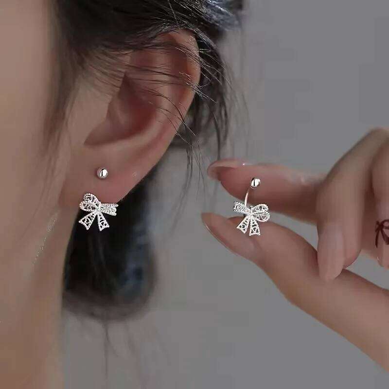 Sam Panda Real 925 Sterling Silver Lace Heart Hollow Bow Screw Buckle Puncture Stud Earrings for Women Fine Jewelry Accessories