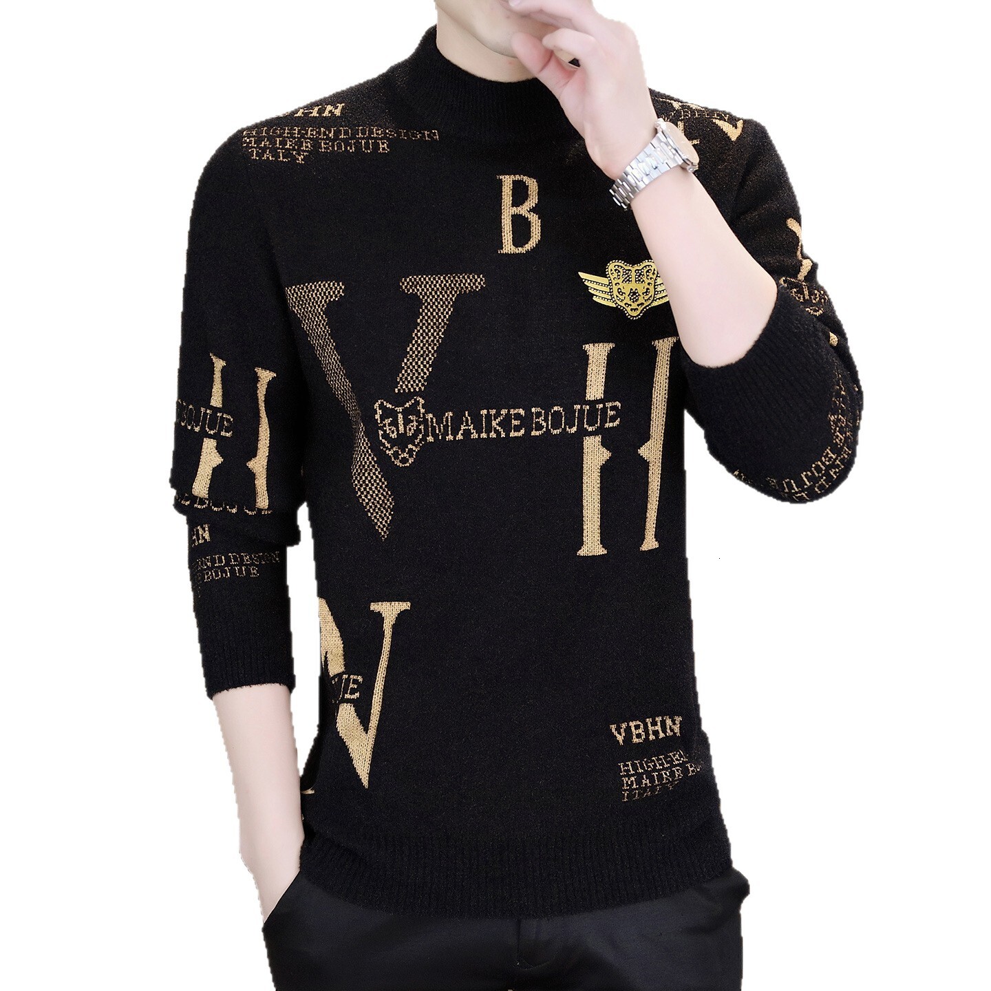 2026 New Style One-piece Fuzzy Sweater Men's Luxury Trendy Knitted Shirt Warm And Thick Jacquard Lettered Casual Underwear Fashionable Versatile 