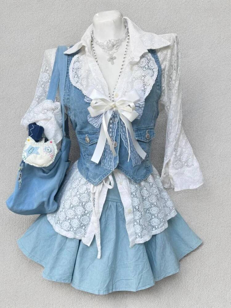 Bestseller Summer New Fashion Sweet Denim 3 Piece Set Blue Vest Irregular Long-sleeved Shirt Fluffy Skirt Korean Style Slim Y2k Outfit 2025 ddmytues