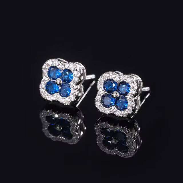 925 Sterling Silver Flower Green Ruby Blue VVS Moissanite Four-Leaf Clover Stud Earrings for Women