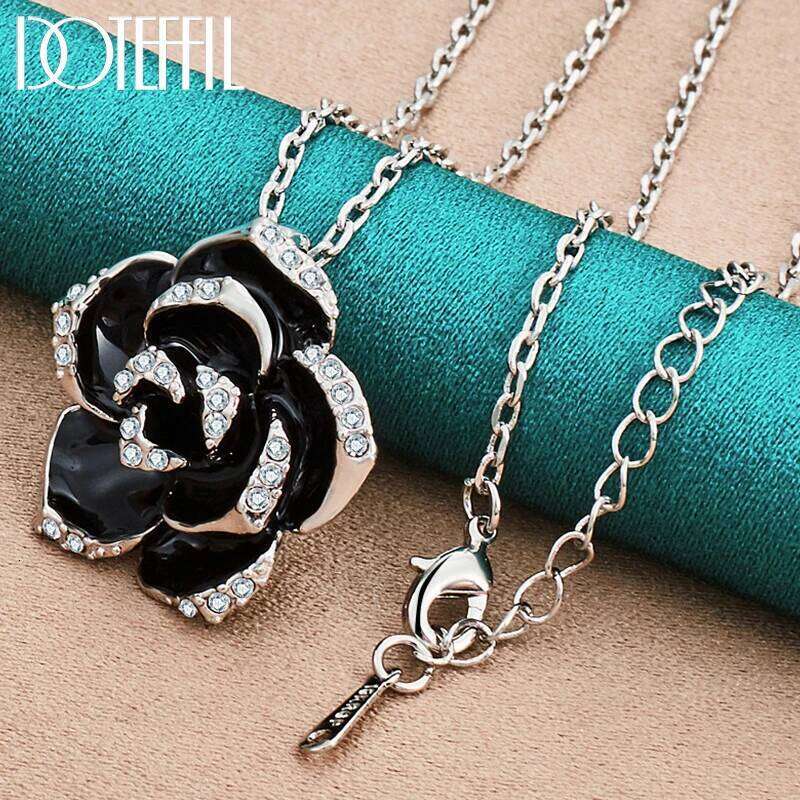 DOTEFFIL 925 Sterling Silver Black Rose Flower AAA Zircon Pendant Necklace 16-30 Inch Chain For Women Wedding Charm Jewelry