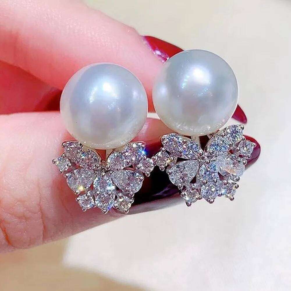 Luxurious White Pearl Women Flower Crystal Charm Zircon 925 Silver Needle Jewelry Cute Butterfly Earrings for Gift