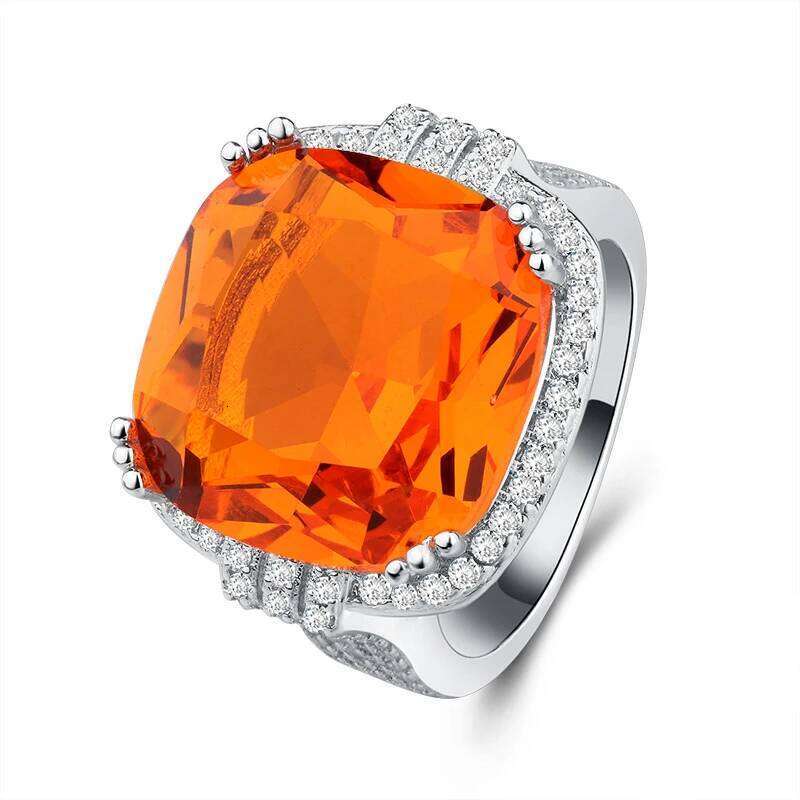 NEW 4CT Big Champagne CZ Stone Large Single Orange Crystal Cut Luxury Ring Party Women Sterling SIlver Color Jewelry