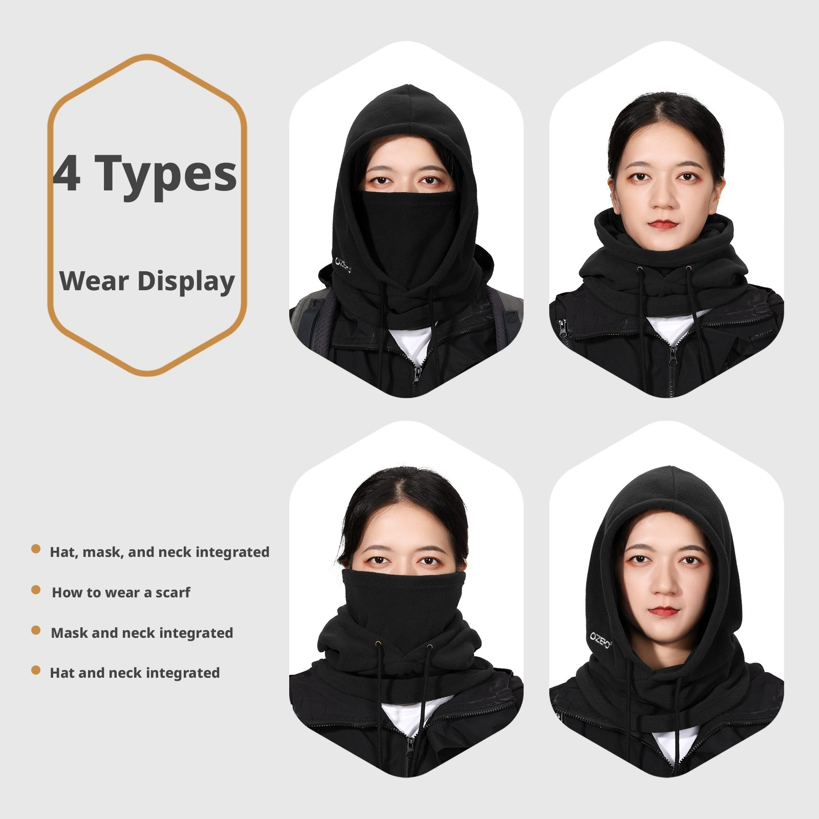 Fashion Face Masks 3-in-1 Hooded Ski Balaclava - Windproof Fleece Face Mask with Drawstring, Warm Neck Gaiter for Snowboarding, Cold Weather Outdoor S