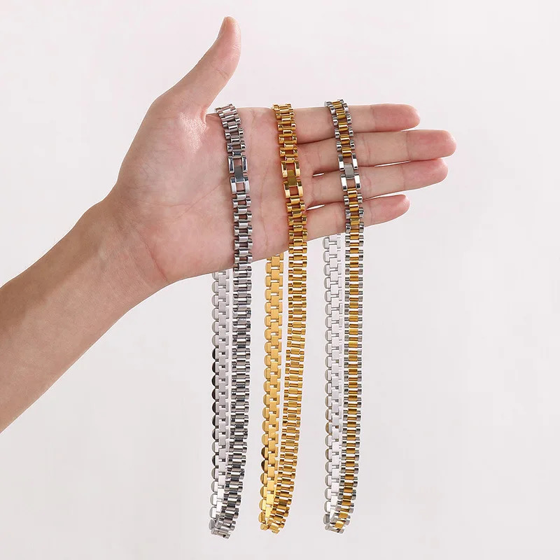 10MM Punk Gold Color Strap Watchband Necklace Bracelet Men Women Hiphop Rock Stainless Steel Watch Chain Choker Jewelry 251230