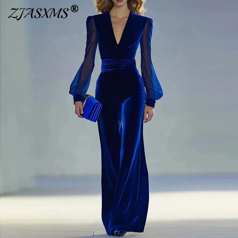 2026 Spring Sexy Deep V Neck Velvet Jumpsuit Woman Solid High Wait Office Romper Fall Mesh Long Sleeve Hollow Overalls 251231