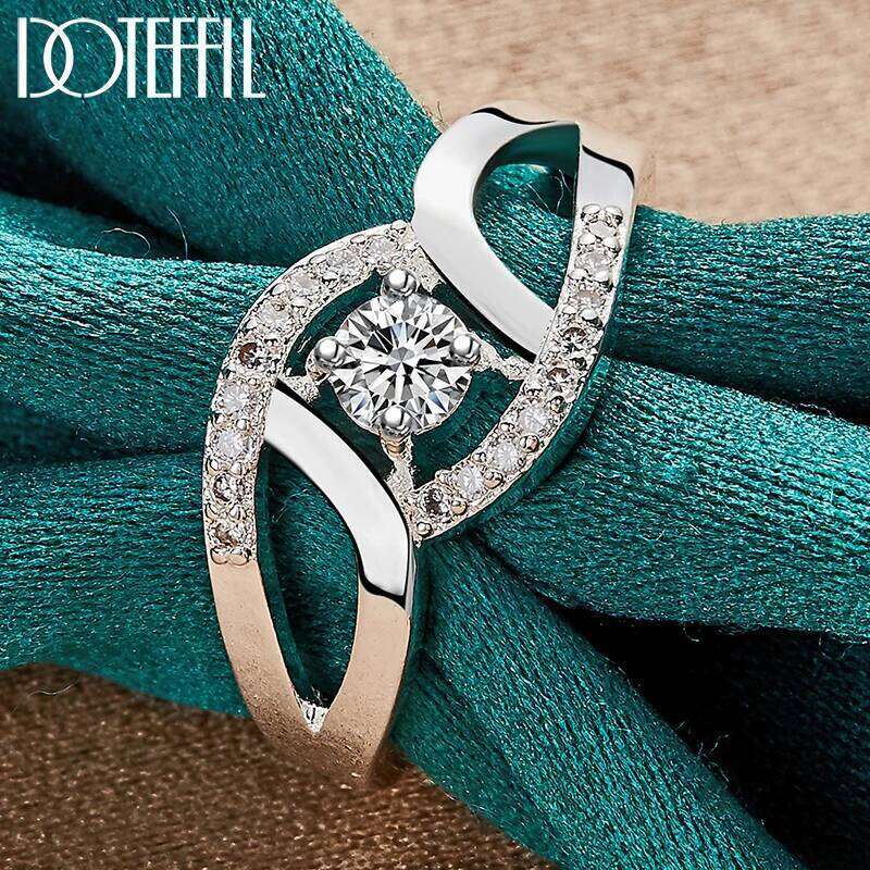 DOTEFFIL 925 Sterling Silver Round 5A Zircon Ring For Woman Wedding Engagement Party Jewelry