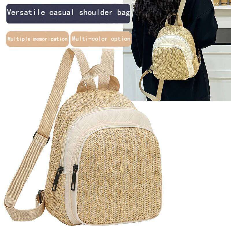 Unisex men's women's double-shoulder backpack, fashionable and artistic summer straw woven versatile casual backpack