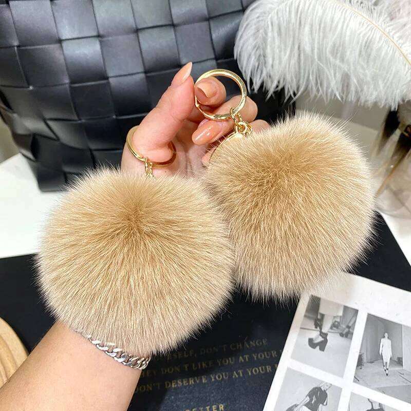 9CM Real ox Fur Ball Keychains for Women Girls Soft Plush Pompom Pendant Key Chains Rings Keyring Holder Charm Bag Gifts XJ260106