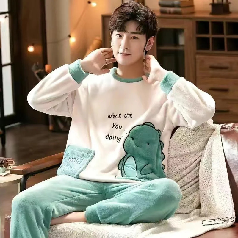 Cartoon Green Dinosaur n Pajamas for Men Korean Kawaii Cute Letter Print Mens 2024 Autumn Winter Warm Sleepwear 260106
