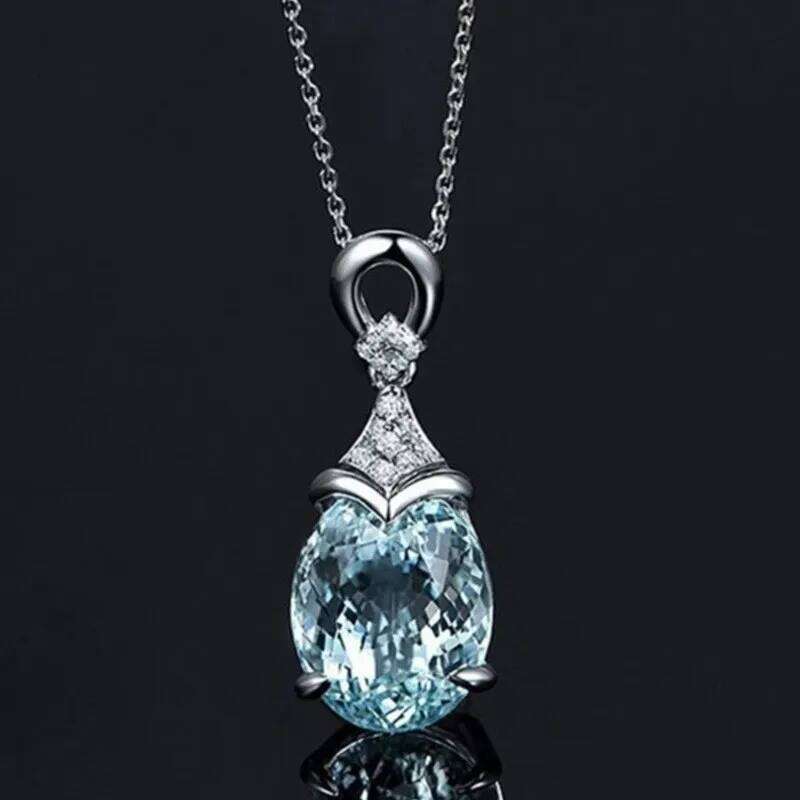 Sky Blue Water Drop Cubic Zirconia Necklace for Women Engagement Wedding Luxury Jewelry Gifts