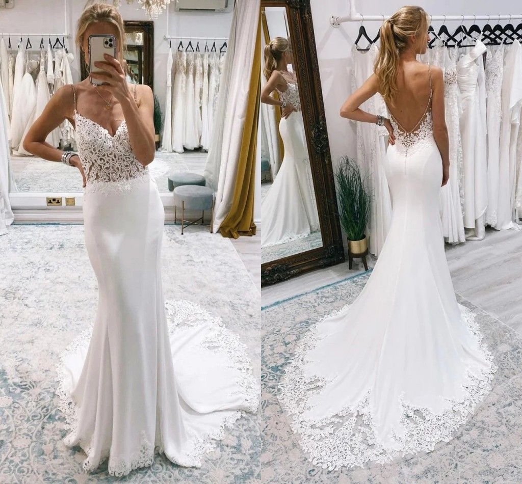 Vintage Lace Trumpet Wedding Dresses For Women Elegant Ivory Satin Spaghetti Straps Boho Bridal Gowns Court Train Plus Size Aso Ebi Bride Robes de Mariee